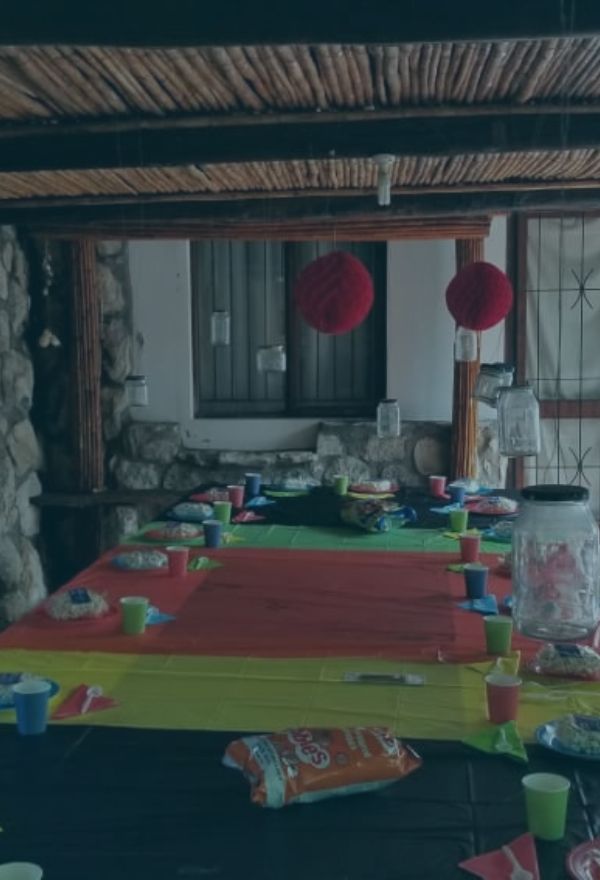 Long decorated kids’ party table with colorful cups and treats at The Plot.