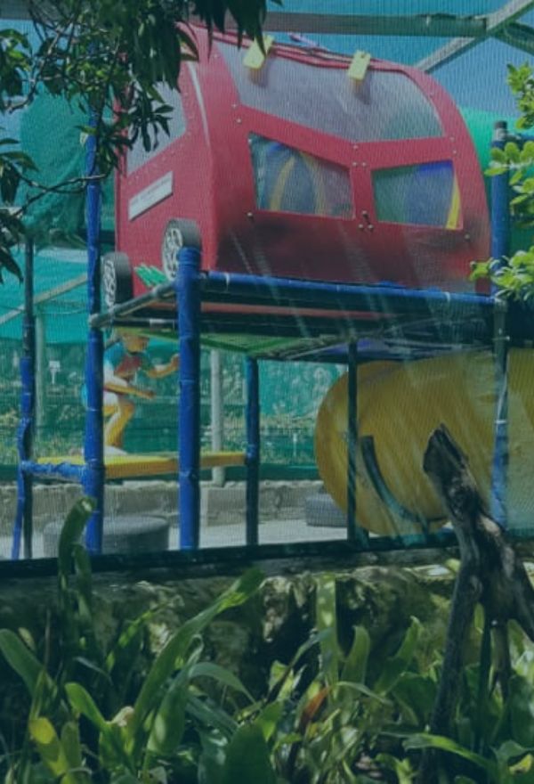 Colorful jungle gym with slide and climbing frame for children at The Plot.